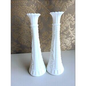 Vintage Milk Glass Bud Vases Pair Stars Bars Scalloped Rim Mid Century Decor
